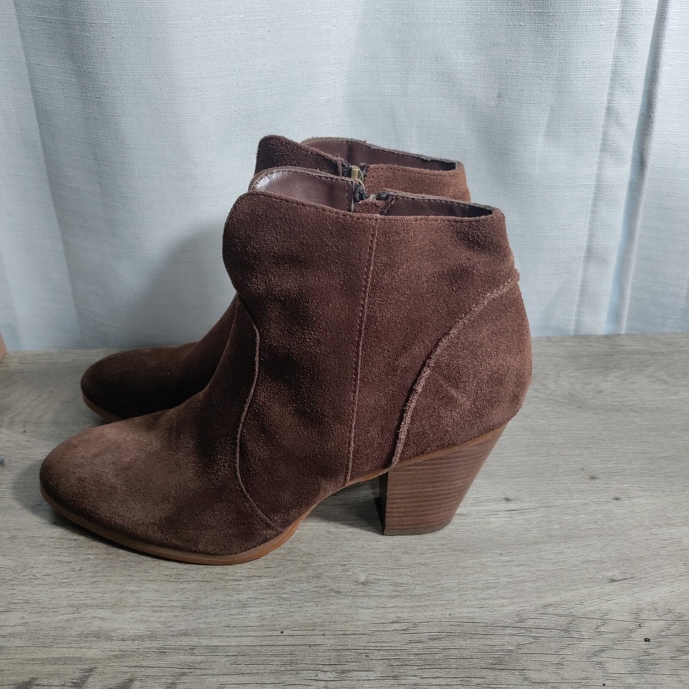 Tesori Brown Suede Ankle Boots Pointed Toe Stacked Block Heel Side Zip Womens